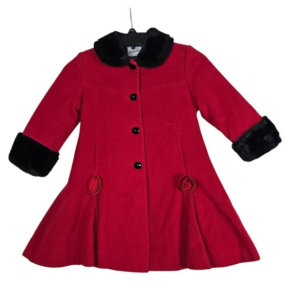 Rothschild Wool Dress Coat Girls 4T Red Faux Fur Trim Holiday Classic Vintage - Picture 1 of 11